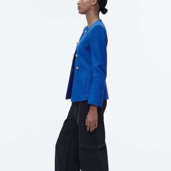 Zara Women Blue High Neck Double Breasted Textured Tailored Cotton Blazer Size M - Picture 6 of 17
